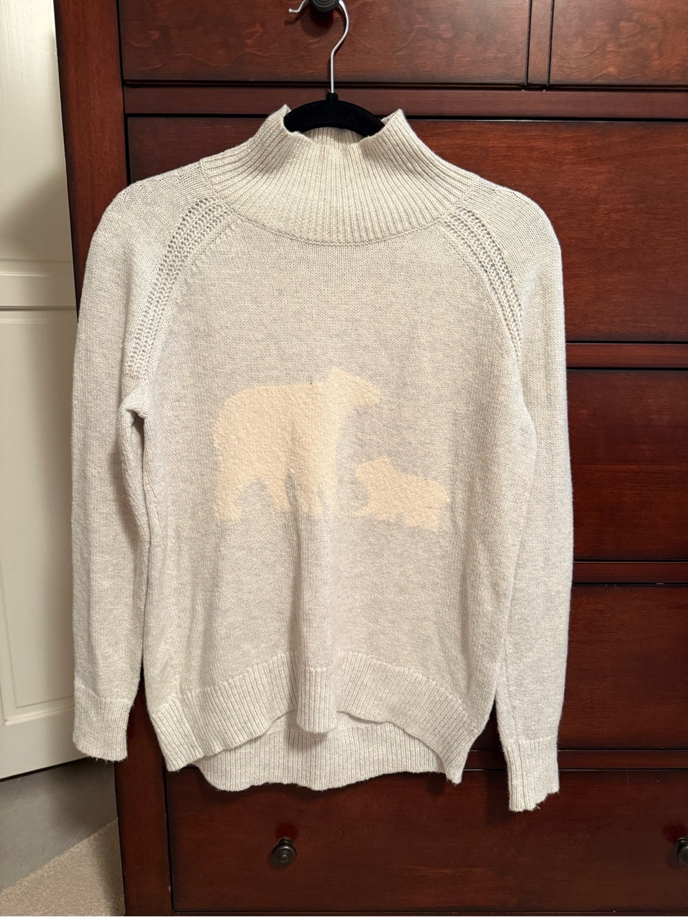 Light Gray Mock Neck Sweater with Bear Motif